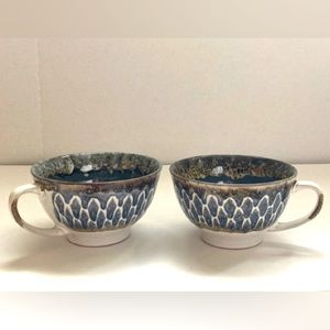 Meritage blue turquoise brown fired clay glazed oversized mug/ bowl with handle